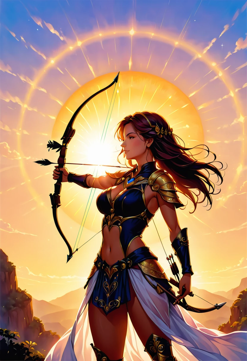 a watercolor illustration of a exquisite beautiful female archer, (silhouette artwork: 1.3), ready for action as the sun rises, fantasy art, ), sun rising behind the archer, ready to act,  ultra feminine, with a long curvy hair, dynamic clothing, intricate clothes, , sting drawn to the cheek , arrow ready to be shot, (tip of the arrow glimmers in the sun: 1.3), sunrays, divine rays, high details, best quality, 16k, [ultra detailed], masterpiece, best quality, (extremely detailed), dynamic angle, Aiming a Bow, bow (weapon)