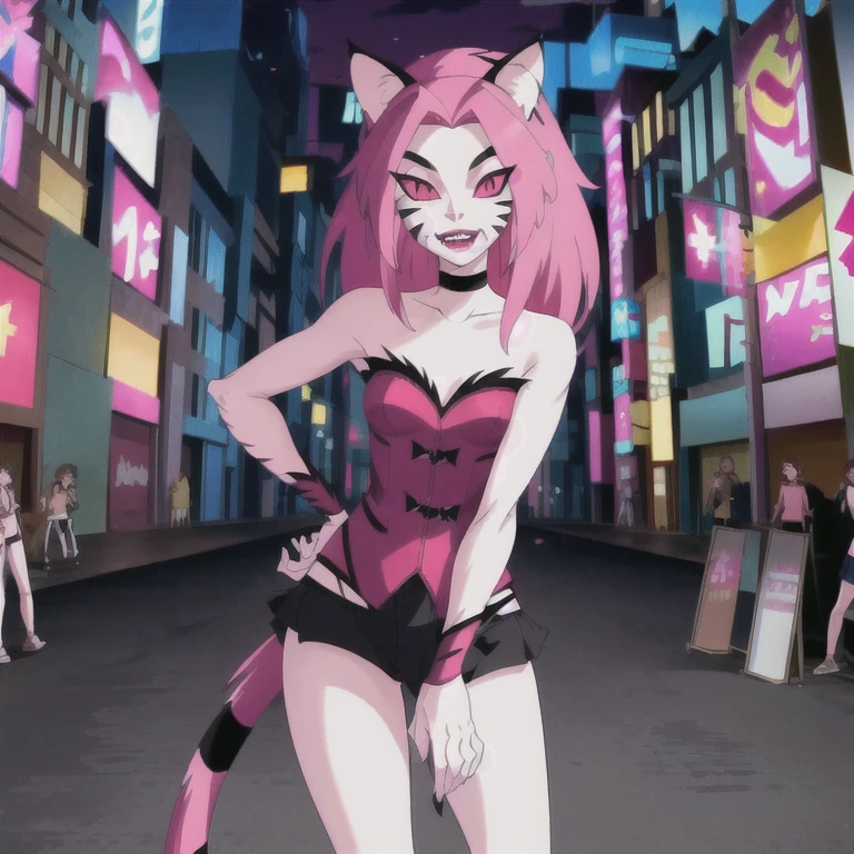 NyaNya, 1girl, solo, pink eyes, pink hair, pink skin, long hair, cat ears, cat tail, claws, slit pupils, pink lips, whisker markings, fangs, choker, best quality, masterpiece, park