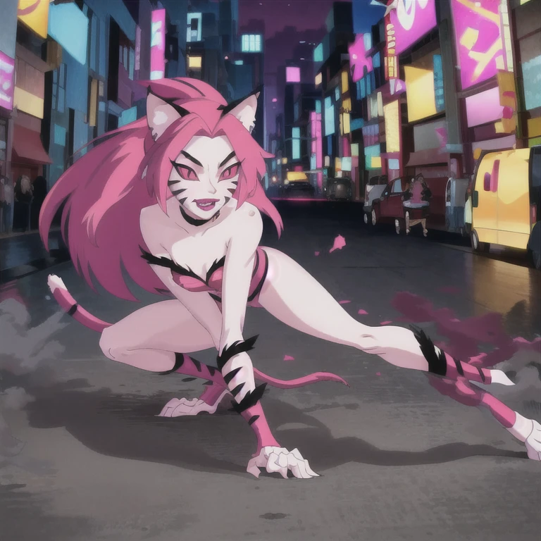 NyaNya, 1girl, solo, pink eyes, pink hair, pink skin, long hair, cat ears, cat tail, claws, slit pupils, pink lips, whisker markings, fangs, choker, best quality, masterpiece, park