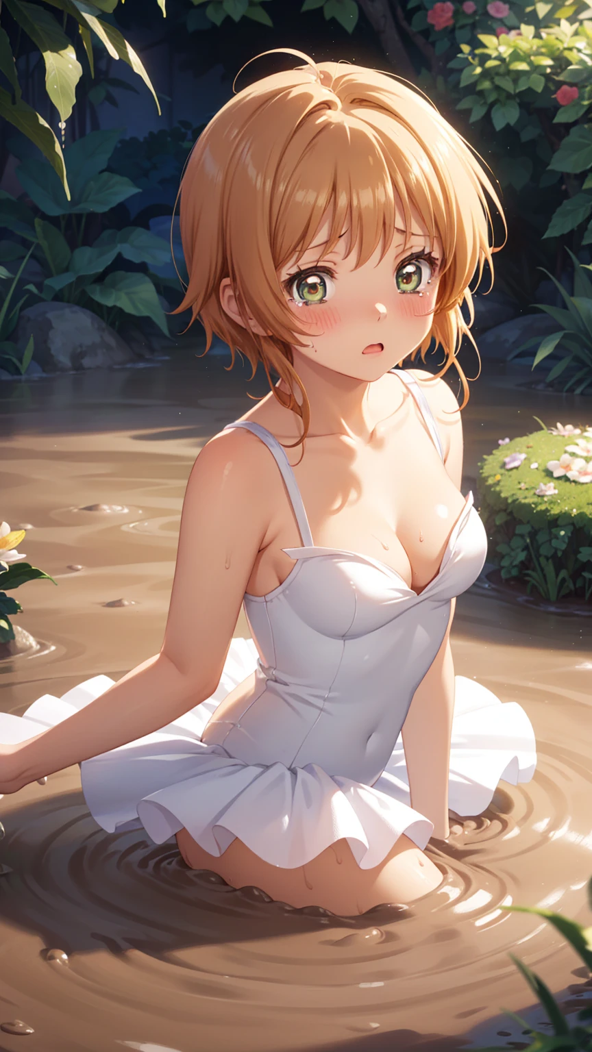 masterpiece, best quality, highres, 1girl, detailed face, blush, anime CG style, (medium breasts), (18 year old girl:1.3), (aged up), good lighting, perfect body, sakura kinomoto, glossy lips, cleavage, (curvy), garden, (sinking in mud), (upset), tears on cheeks, partially submerged, mostly submerged, ballerina, tutu