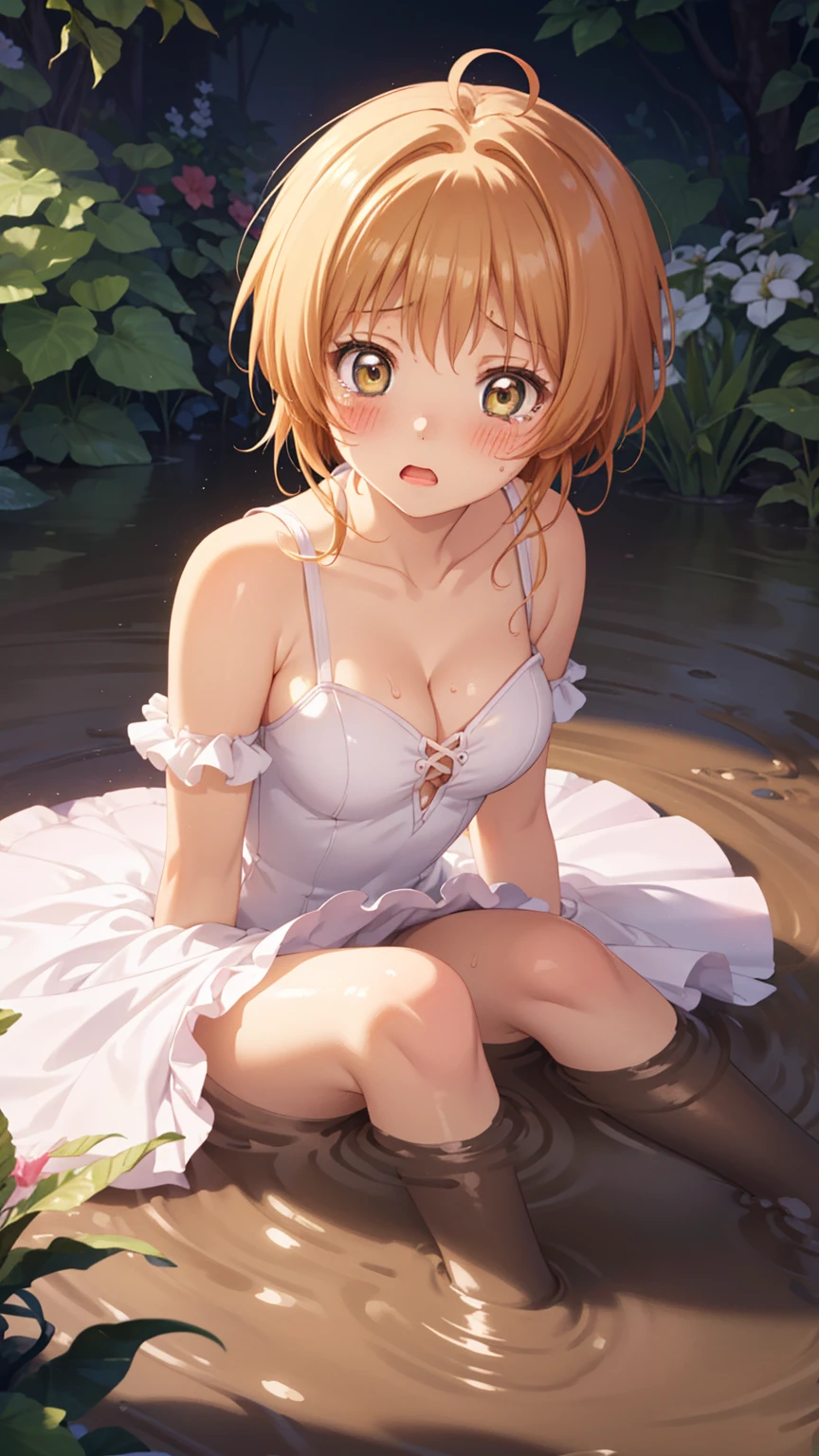 masterpiece, best quality, highres, 1girl, detailed face, blush, anime CG style, (medium breasts), (18 year old girl:1.3), (aged up), good lighting, perfect body, sakura kinomoto, glossy lips, cleavage, (curvy), garden, (sinking in mud), (upset), tears on cheeks, partially submerged, mostly submerged, ballerina, tutu