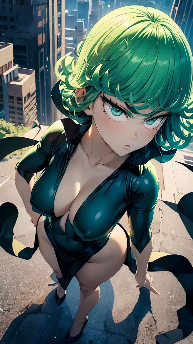 Tatsumaki , Dynamic positions have a golden part, fragile physique, Street, floats in the air, close up portrait, stands leaning towards the floor, beautiful , White Nurse's Coat, Short skirt, breasts fall out from under the robe, leans forward,  very erotic, arches in the back, Portrait of a girl, standing in a sexy pose, leans forward, beautiful фигура, buttocks, beautiful грудь, very sexy, the texture is very durable，The picture is very clear and concise，incredibly beautiful，Temperament elegant，in a spacious room, нежное выражение лица Tatsumaki из One Punch Man, short green hair, green eyes, , heels, full body view, smiling, dynamic pose, Tatsumaki из One Punch Man, short green hair, green eyes, ,dynamic view, (masterpiece, Best quality:1.2),