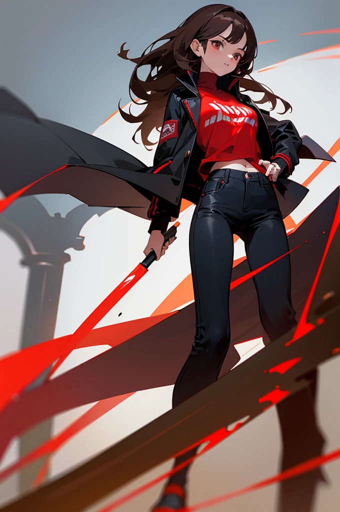 ((best quality)), ((masterpiece)), (detailed), A beautiful young teenage girl, dark brown hair with red strips, dark brown eyes, wears a red shirt and black jacket, black jeans and dark red shoes, wears a black and white comedy mask, beautiful, hot, cool, god, digital