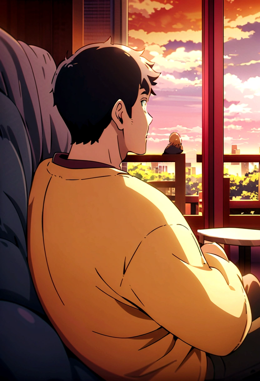 A man enjoying a relaxing evening with his parents after a productive workday. anime style, colourful, extreme detail, supreme quality