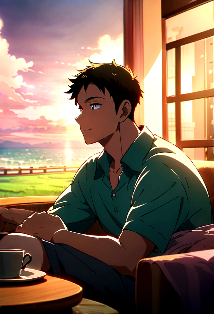 A man enjoying a relaxing evening with his parents after a productive workday. anime style, colourful, extreme detail, supreme quality