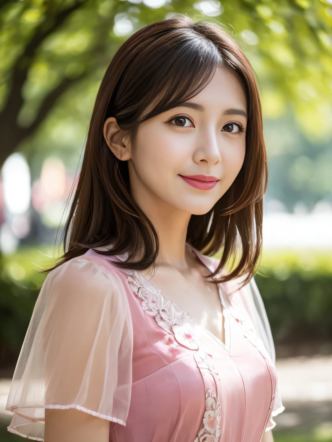 (RAW Photos), (Photo realistic), (masterpiece), (Highest quality), High resolution, 8K resolution, (Intricate details), (Volumetric Light), Portraiture, woman, 30 years old, Medium Hair, Layered Hair, Brown Hair, Highly detailed eyes, Source order, Very thin eyebrows, Highly detailed skin, Highly detailed mouth, Highly detailed nose, Cute like an idol, smile, ((Pink lipstick)), ((Look at the viewers)), (An elegant and transparent red see-through short-sleeved dress), ((Bodies facing random directions)), green park background, Face looking up,