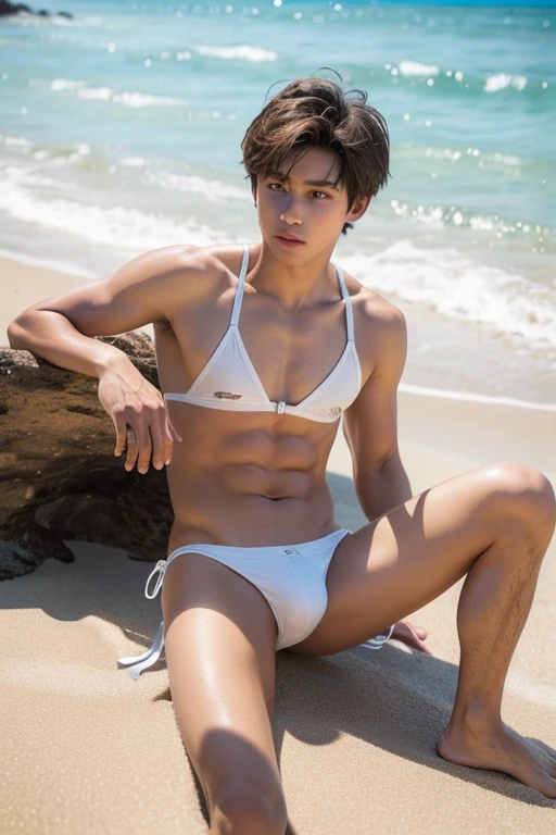 , Short brown hair, handsome, young boy, boy,Wear only a thong,white micro bikini Crotch sticking out, sitting on the beach