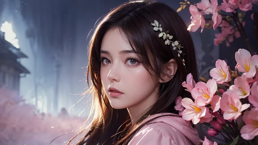32k, Masterpiece, Highest quality, One girl, Brown Hair, Detailed eyes, flower,Freesia, Pink and navy style,A dreamy, romantic piece,Pale yellow, Mysterious Leaves,A playful arrangement,Fantasy,High Contrast,Ink strokes,explosion,Exposure, Impression of pink and navy tones,Abstract,((Watercolours by John Berkey and Jeremy Mann )) Brush strokes,Negative Space, Tyndall effect,
