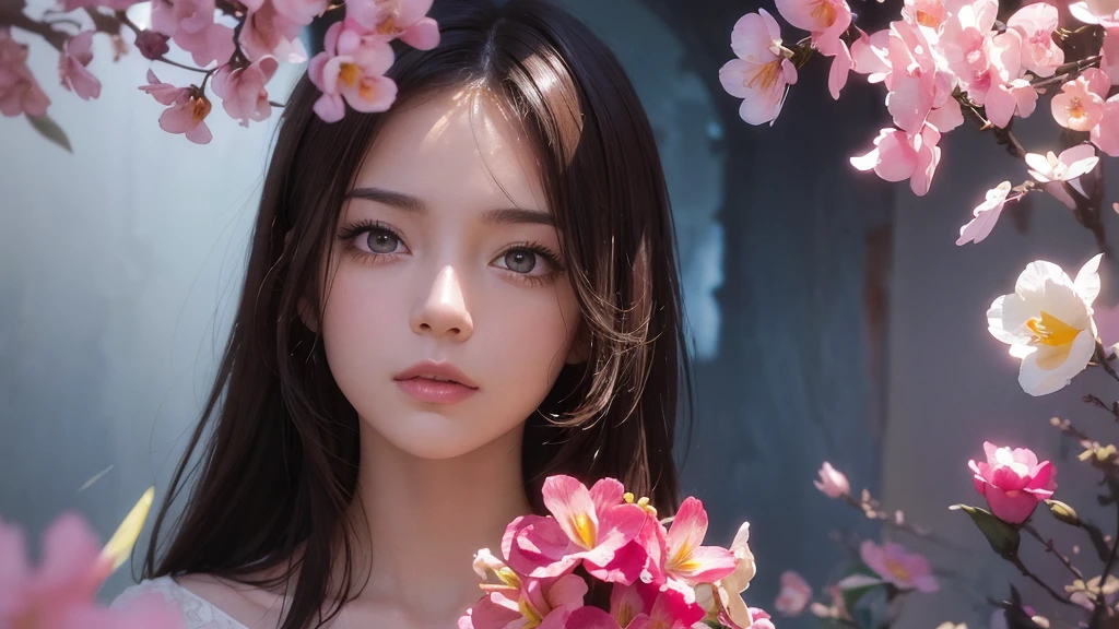 32k, Masterpiece, Highest quality, One girl, Brown Hair, Detailed eyes, flower,Freesia, Pink and navy style,A dreamy, romantic piece,Pale yellow, Mysterious Leaves,A playful arrangement,Fantasy,High Contrast,Ink strokes,explosion,Exposure, Impression of pink and navy tones,Abstract,((Watercolours by John Berkey and Jeremy Mann )) Brush strokes,Negative Space, Tyndall effect,