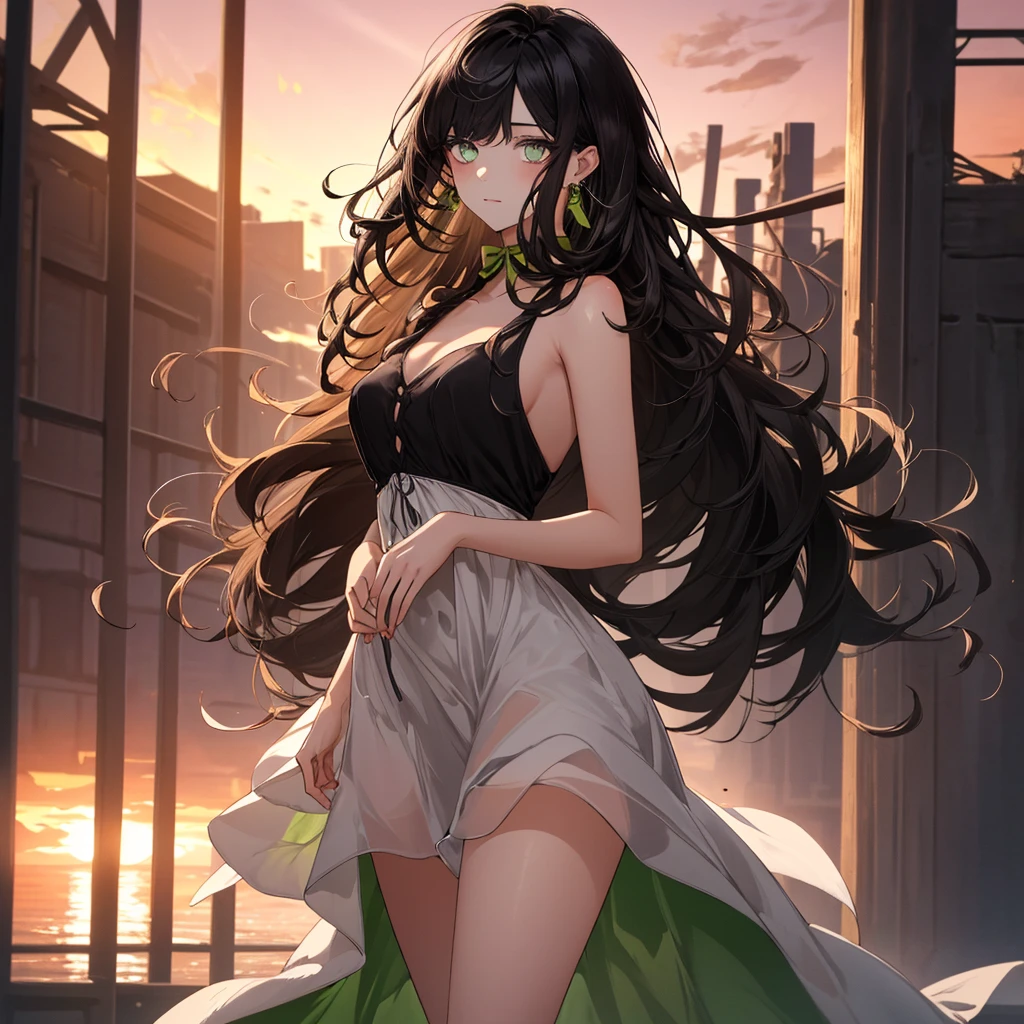 (top quality, masterpiece, high quality, ultra-delicate), ((beautiful girl)), (((adult)), ((Pure Dark black hair)), mature, graceful curves, ((long hair, long bangs)), ((bright green eyes)), ((detailed eyes)), nose, bangs, black collar, ((Revealing white Dress)), V neck, seductive, standing casual ribbon, charm, shoulderless dress, fashion, thick thighs, green earrings, Good Lighting, Sunset.