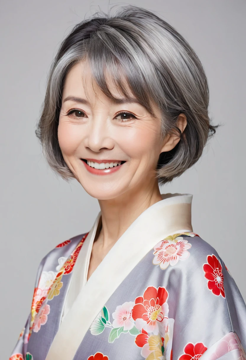 Female in her 60s,Japanese,smile,smile,kimono,Gray Hair,Bobcut,Light makeup