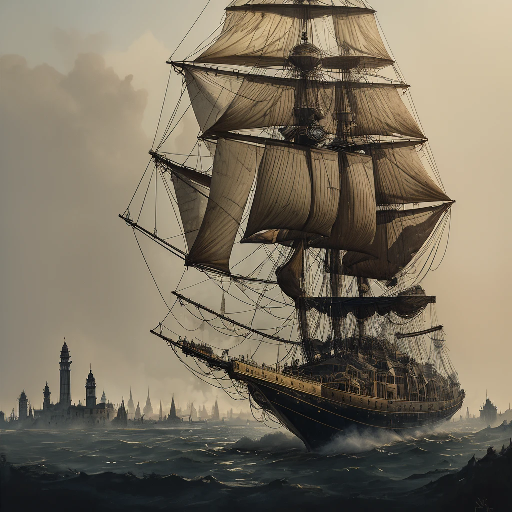 steam punk, a pleasure airship with a gondola full of people over a city square, alternative history 18th century, water brush, blots, splashes, drops, stains, outline charcoal strokes,