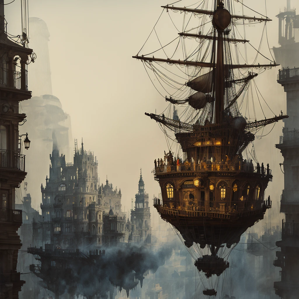 steam punk, a pleasure airship with a gondola full of people over a city square, alternative history 18th century, water brush, blots, splashes, drops, stains, outline charcoal strokes,
