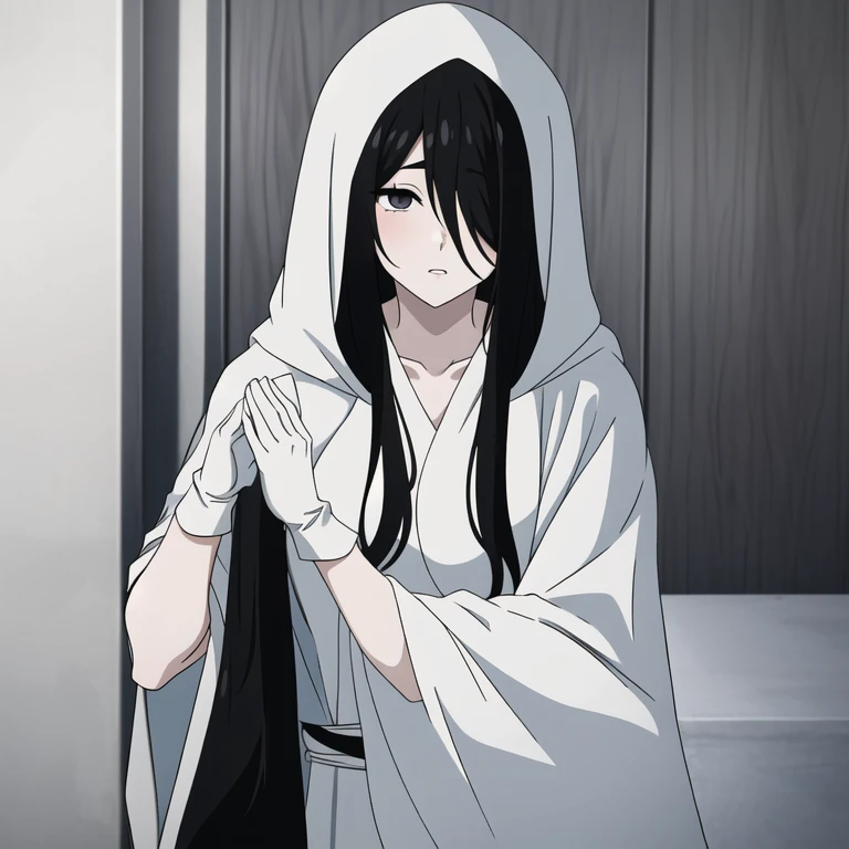 ((masterpiece)), (best quality), (absurdres), black hair, yamamura_sadako, white gloves, white cloak, cape (white dress, black obi), (grey skin), hair over eyes, eyes covered, looking at viewer,