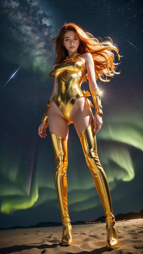 ((best quality)), ((masterpiece)), (ultra detailed lights), ((full body shot)), ((skinny body)), teen girl, extremely beautiful, perfect eyes, ((slim body)), thighs gap, ultra face details, 20 years old, ((orange curvy-hair)), ((hair blown by strong winds :1.3)), Award-winning photograph, ((symmetrical pose)), teen goddess with (golden sword) in ((full body golden black armor)) are in the middle of battlefield, posing in the middle, intricate details, ((thight golden armour)), ((extremely details armor)), ((tight latex panties)), ((24k-gold armor)), ((edge luminous armor)), cameltoe, luminescent, epic lights reflections, ((Athena's golden bow), at beach, full of stars, orange clouds, nebula sky, epic aurora borealis in the background, shooting stars, ((from below))