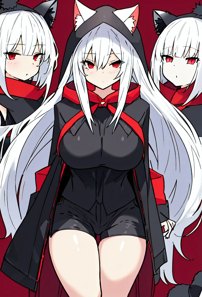 Girl with long white hair,red eyes, wear short shorts and tights, has a coat with a hood made of cat ears, nice body, big boobies