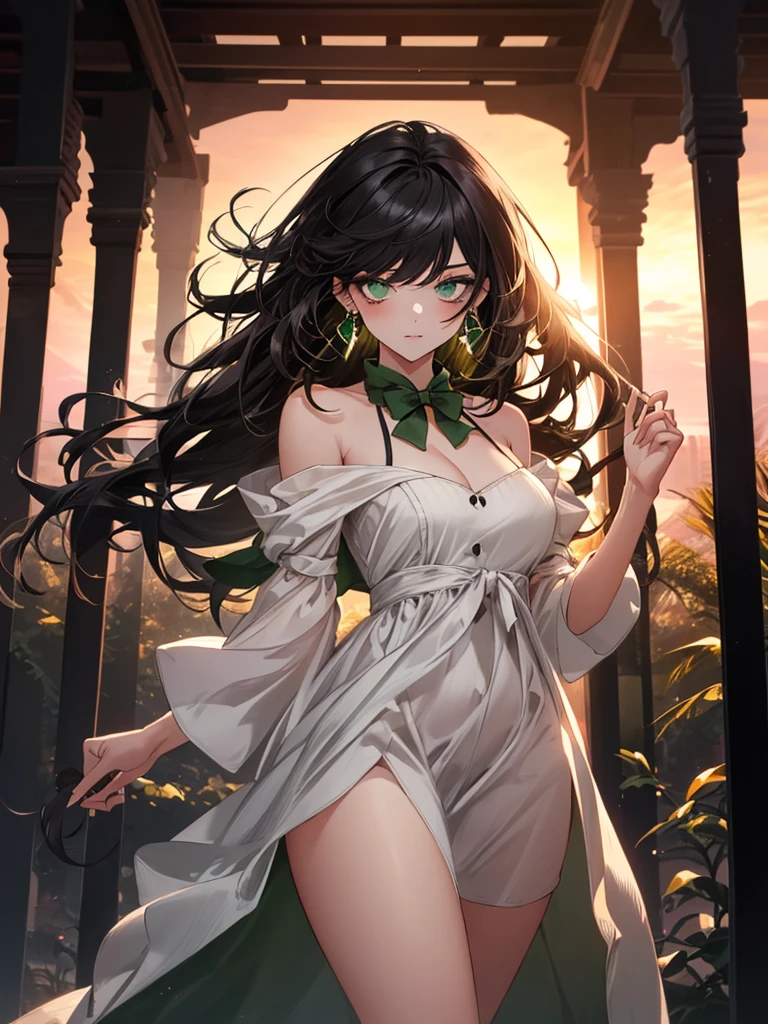 (top quality, masterpiece, high quality, ultra-delicate), ((beautiful girl)), (((adult)), ((Pure Dark black hair)), mature, graceful curves, ((long hair, long bangs)), ((bright green eyes)), ((detailed eyes)), nose, bangs, black collar, ((Revealing white Dress)), V neck, seductive, standing casual ribbon, charm, shoulderless dress, fashion, thick thighs, green earrings, Good Lighting, Sunset.