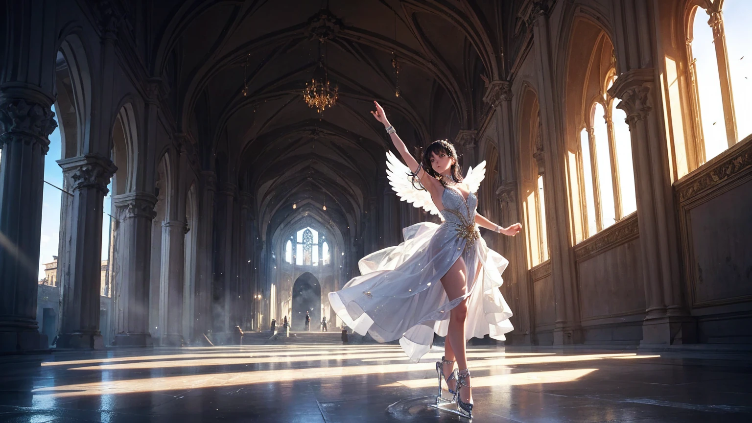 ((Full Shot)) Angelic beauty, fantastic and mysterious light. Dancing on ice, the background is the ruins of tens of thousands of years ago,