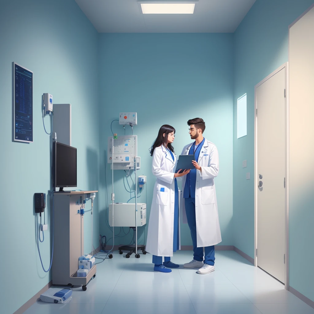 a man in a white coat is standing next to a woman in a Hospital bed, medical doctor, Flat illustration, Hospital background, in Hospital bed, doctor, Hospital room, medical background, Nursing, health care worker, Medical imaging, digital Medical equipment, colorful Medical equipment, Medical equipment, medical illustration, health care, Clean medical environment, Medical drawing, Hospital, Hospital ward