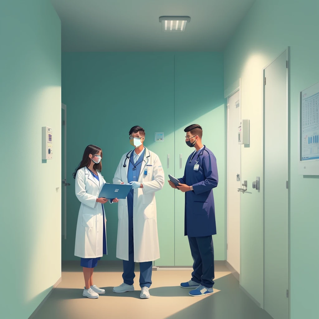 a man in a white coat is standing next to a woman in a Hospital bed, medical doctor, Flat illustration, Hospital background, in Hospital bed, doctor, Hospital room, medical background, Nursing, health care worker, Medical imaging, digital Medical equipment, colorful Medical equipment, Medical equipment, medical illustration, health care, Clean medical environment, Medical drawing, Hospital, Hospital ward