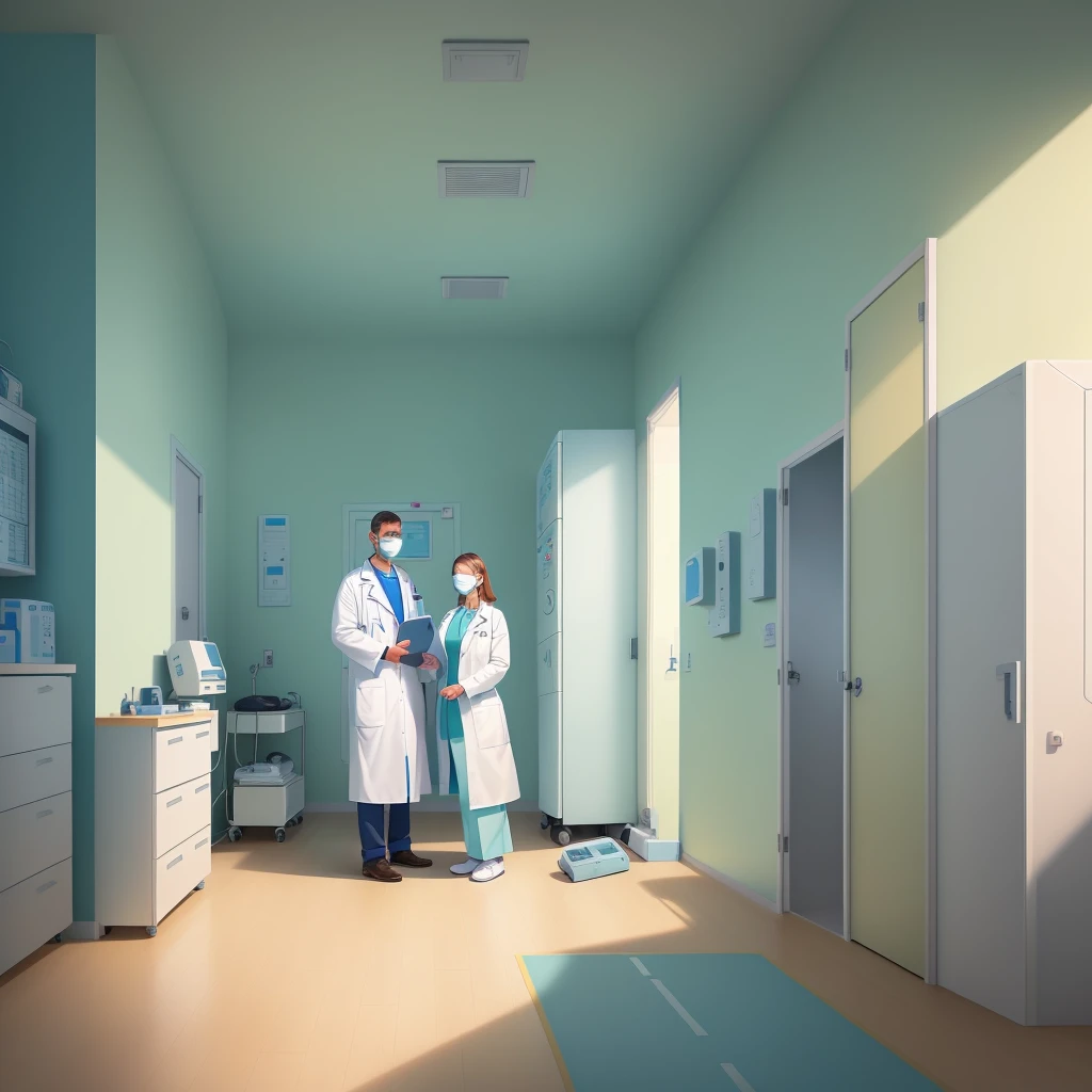 a man in a white coat is standing next to a woman in a Hospital bed, medical doctor, Flat illustration, Hospital background, in Hospital bed, doctor, Hospital room, medical background, Nursing, health care worker, Medical imaging, digital Medical equipment, colorful Medical equipment, Medical equipment, medical illustration, health care, Clean medical environment, Medical drawing, Hospital, Hospital ward