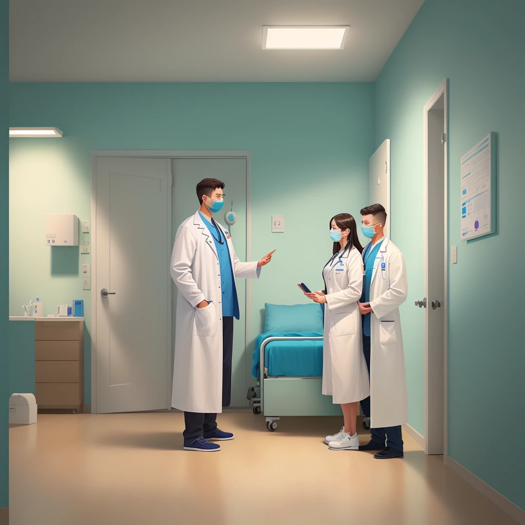 a man in a white coat is standing next to a woman in a Hospital bed, medical doctor, Flat illustration, Hospital background, in Hospital bed, doctor, Hospital room, medical background, Nursing, health care worker, Medical imaging, digital Medical equipment, colorful Medical equipment, Medical equipment, medical illustration, health care, Clean medical environment, Medical drawing, Hospital, Hospital ward