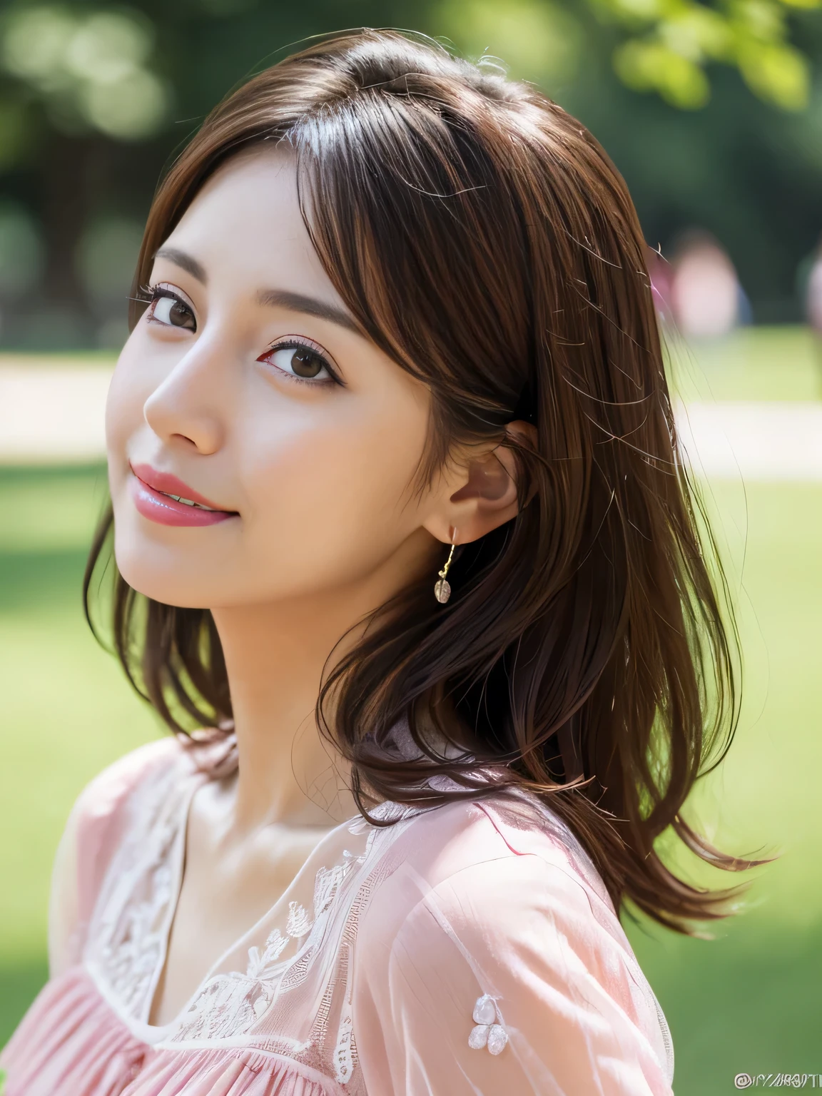 (RAW Photos), (Photo realistic), (masterpiece), (Highest quality), High resolution, 8K resolution, (Intricate details), (Volumetric Light), Portraiture, woman, 30 years old, Medium Hair, Layered Hair, Brown Hair, Highly detailed eyes, Source order, Very thin eyebrows, Highly detailed skin, Highly detailed mouth, Highly detailed nose, Cute like an idol, smile, ((Pink lipstick)), ((Look at the viewers)), (An elegant and transparent red see-through short-sleeved dress), ((Bodies facing random directions)), green park background, Face looking up,