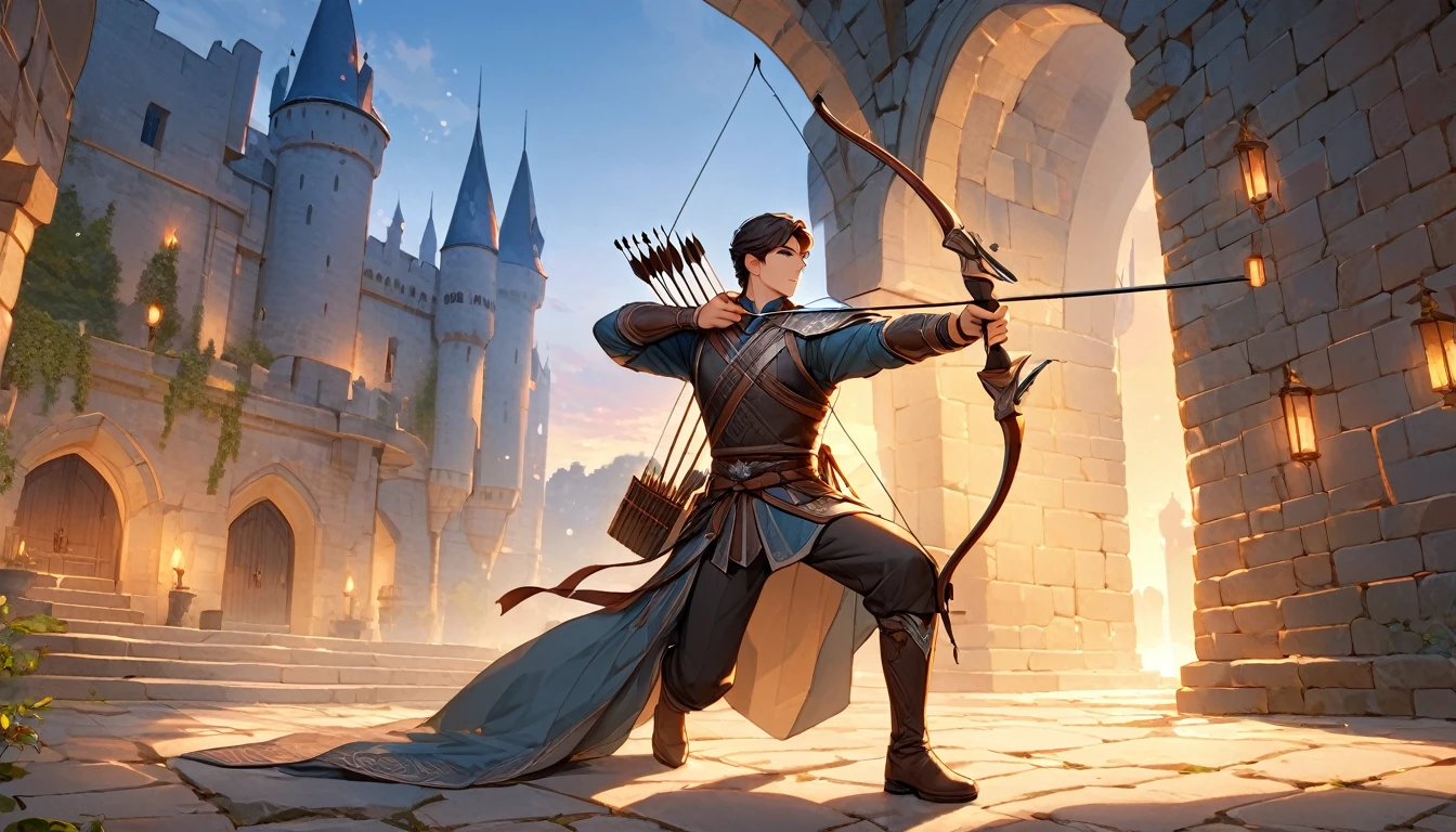 ((Masterpiece)), ((Best Quality)), (Very Detailed), ((Very Detailed)), 4K, (8K), very aesthetic, absurdres highres, 1 male, solo, Archer, A fantasy archer holds his bow in the courtyard of a castle at dawn, the archer has one foot in front of him in a stable position, his body slightly leaning forward and the strength to draw his bow The hand holding the bow firmly grips the center of the bow, and the puller pulls the arrow onto the string. The puller's elbow is at shoulder height, and the arrow points straight ahead. Cool light reflects off the stone walls of the castle, and the archer's clothing is made of magical cloth. The quiver is engraved with runes and has mysterious patterns drawn on it, and the archer's expression is tense and gives off a brave atmosphere.
