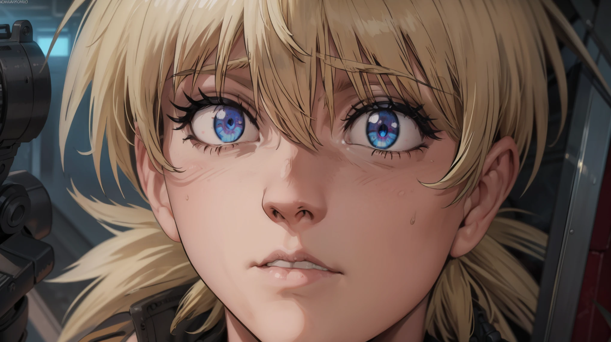 (best quality,4k,8k,highres,masterpiece:1.2),ultra-detailed,naked, enormous , showing, boob window,extremely detailed girl,beautiful detailed eyes,beautiful detailed lips,longeyelashes,,angry expression,holding a gun,black and white photography,low-key lighting,dark and gritty,urban setting,fierce attitude,action-packed scene,Vivid colors,intense shadows,sharp focus, seras, seras victoria, closeup, face closeup, frustrated expression
