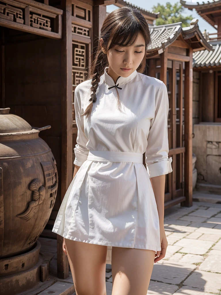 A chinese girl, ancient dress, no skirt, white panties
