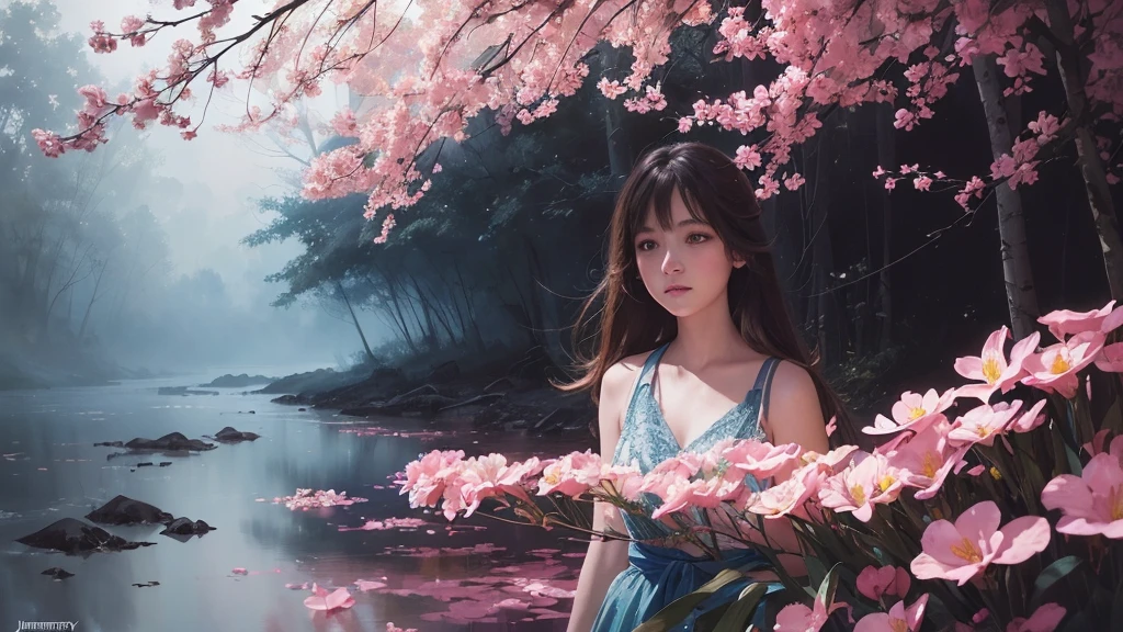 32k, Masterpiece, Highest quality, One girl, Brown Hair, Detailed eyes, flower,Freesia, Pink and navy style,A dreamy, romantic piece,Pale yellow, Mysterious Leaves,A playful arrangement,Fantasy,High Contrast,Ink strokes,explosion,Exposure, Impression of pink and navy tones,Abstract,((Watercolours by John Berkey and Jeremy Mann )) Brush strokes,Negative Space, Tyndall effect,
