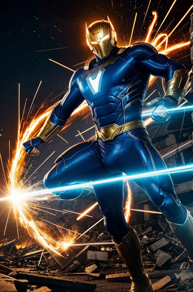 {
"prompt": "A hyper-realistic battle scene in a 2000 square meter coliseum viewed from the stands. The golden man, 1.80 meters tall with flawless golden skin and red eyes, delivers an immensely powerful Taekwondo kick to the ribs of the electric superhero. The impact generates a massive shockwave, causing widespread destruction in the coliseum. The electric superhero, 1.80 meters tall, wearing a sleek, form-fitting electric blue suit with glowing lines and circuits, is shown being violently propelled into the sky, leaving a visible trail of destruction. The shockwave causes massive debris and rubble to fly everywhere, collapsing walls, and devastating the coliseum.",
"size": "1792x1024",
"n": 2
}