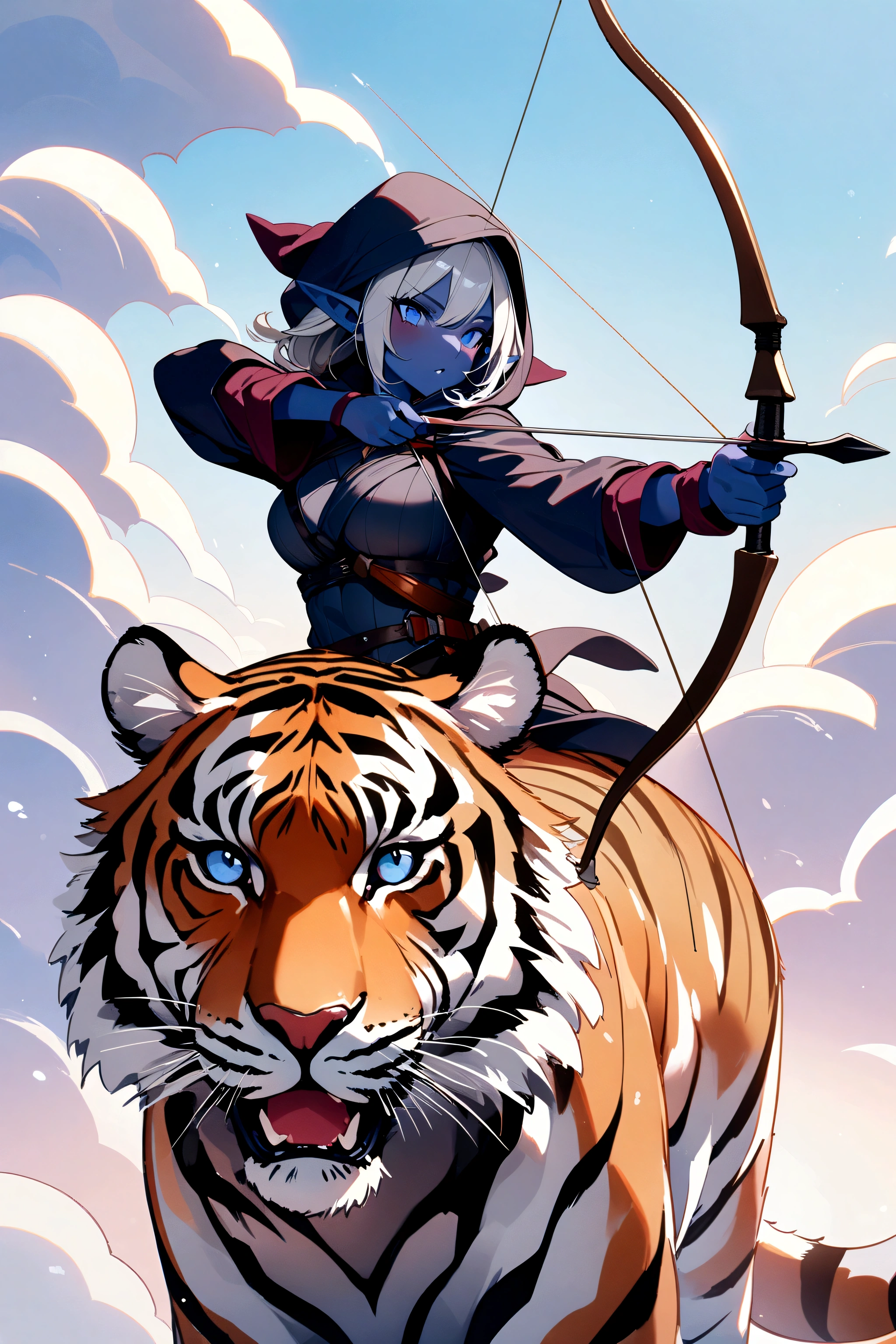 8k,1girl,close-up,hooded cloak,mounted archery,drawing bow,aiming,drow,dark elf,colored skin,dark skin,blue skin,grey skin,pointy ears,(tiger:1.1),riding a tiger,, (masterpiece, best quality, high quality, highres, ultra-detailed),