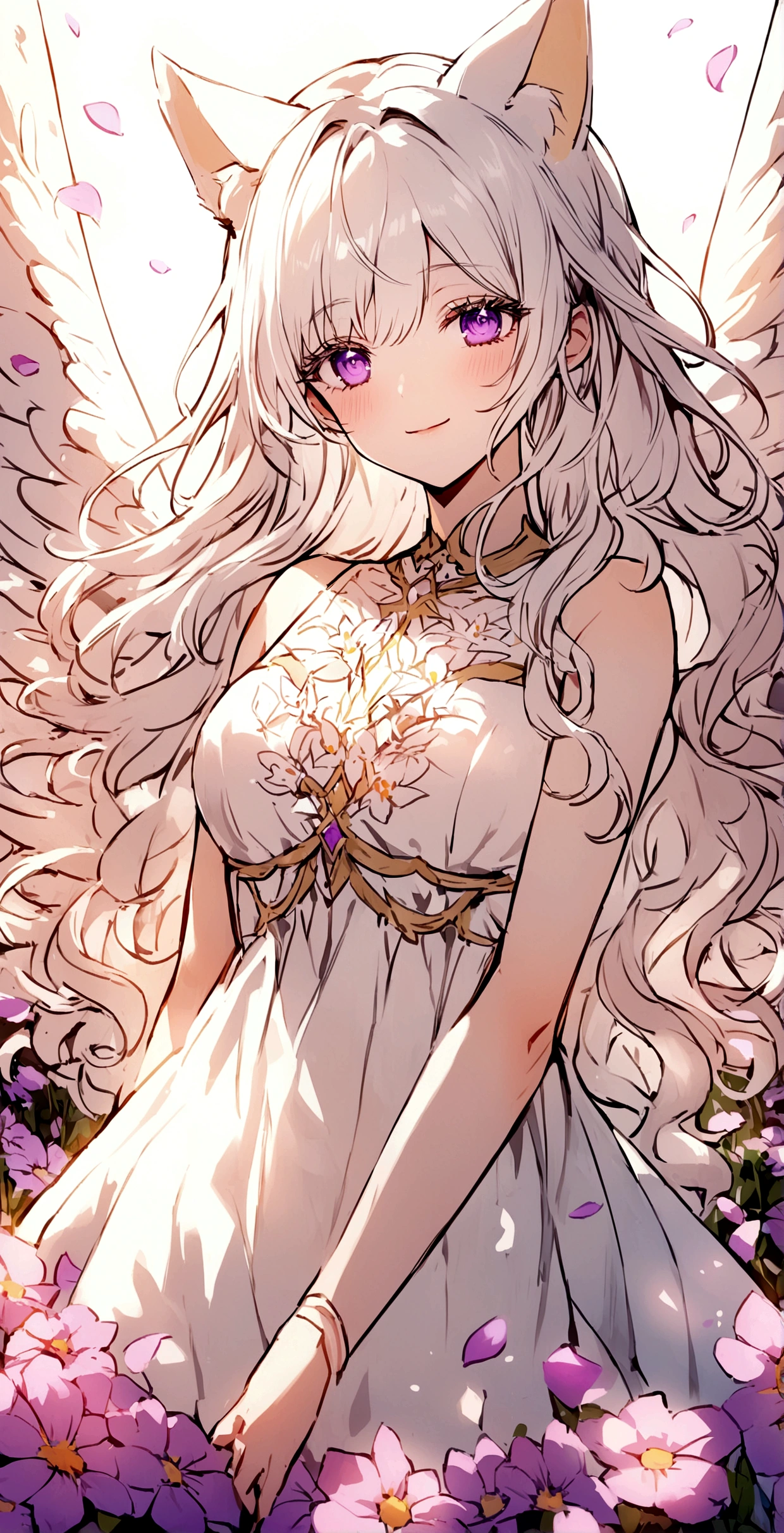 Wink,Long Wavy Hair,White hair is very attractive, Detailed and precise manual work, Attractive girl, White cat ears,Purple eyes and white eyelashes,Light in your eyes,Big angel wings,Fantastic Light,A subject that stands out in a flower field, Petals flutter,White delicate dress, Hand-drawn illustration