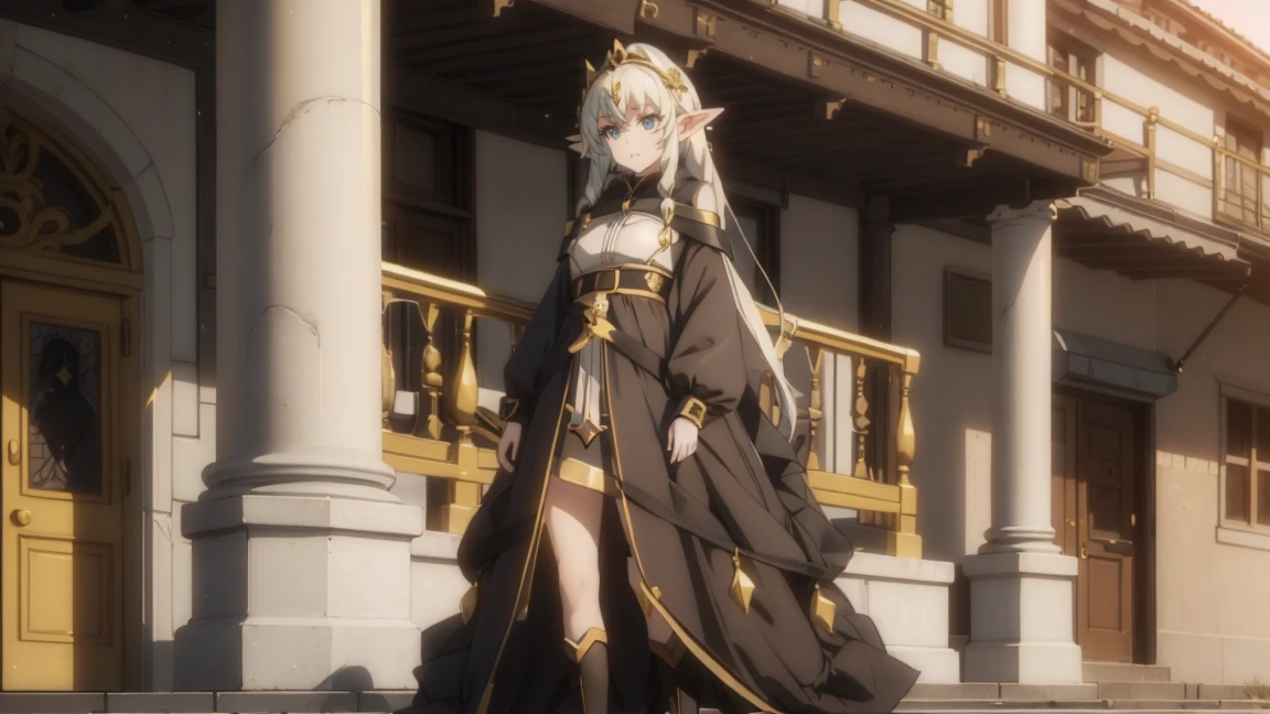 1 girl,20 years, Portrait of a girl, face accent, One,happy face,black and gold long dress,middle ,White hair,long hair,yellow eyes,Elf Ears, black small horns,white tights,Detailed long boots,golden tiara,Luxurious gold jewelry,(((standing on the porch of the castle)))