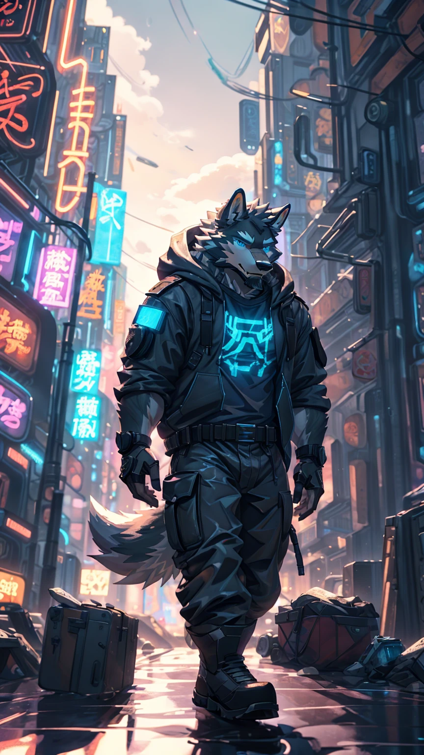 (masterpiece:1.2), best quality,pixiv,official art,perfect anatomy, (Ray tracing, light),solo, (1_male:1.3) , (muscle), (grey fur:1.4), (muscle wolf), (beard:1.2), (gleaming blue eyes), wolf tail, full body, Thick white eyebrows,(open hoodie), (naked inside), (cargo pants:1.2), boots, 30-40years old , storm, rain , wind ,cyberpunk ,neon ,(big square :1.3)