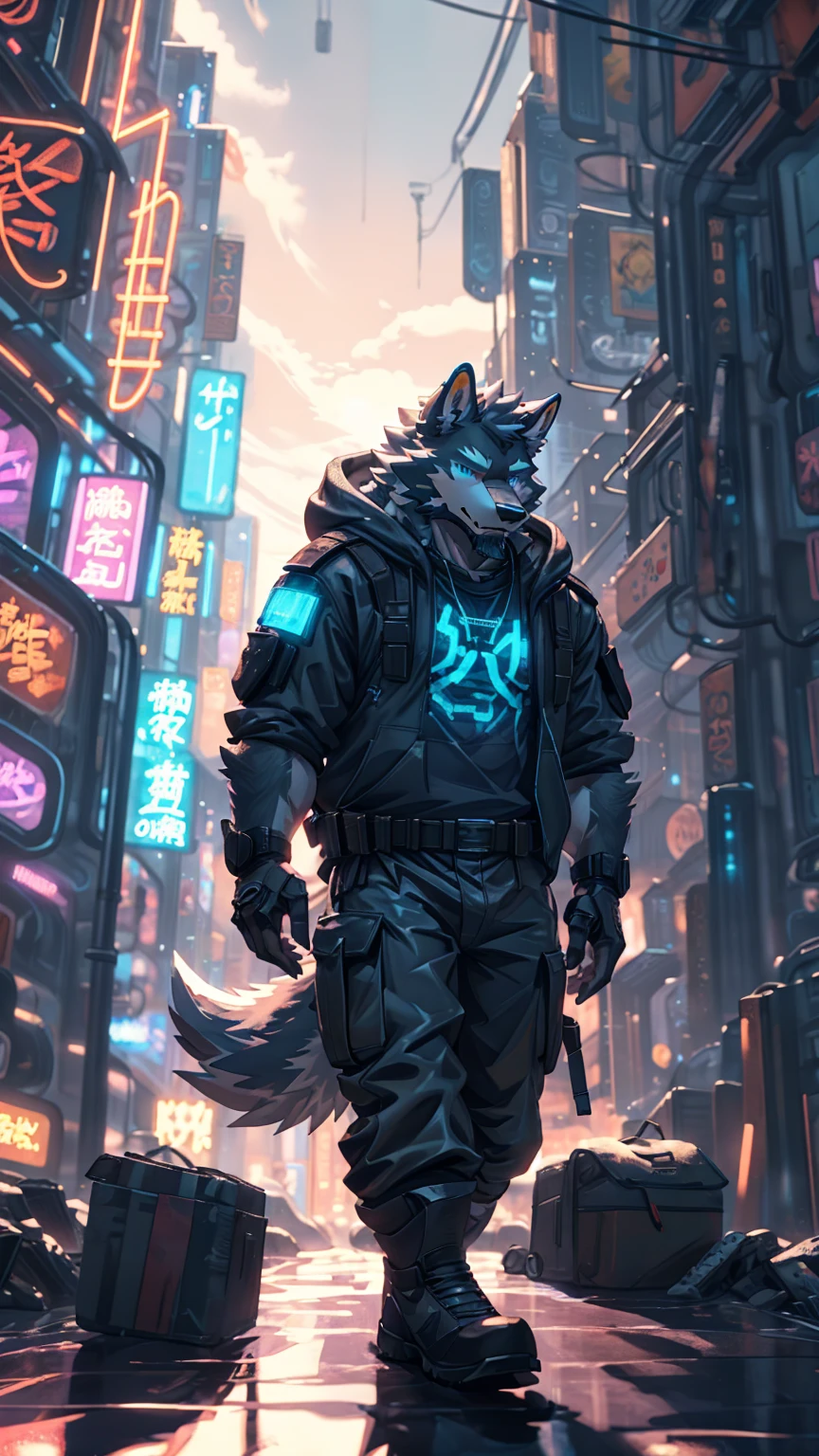 (masterpiece:1.2), best quality,pixiv,official art,perfect anatomy, (Ray tracing, light),solo, (1_male:1.3) , (muscle), (grey fur:1.4), (muscle wolf), (beard:1.2), (gleaming blue eyes), wolf tail, full body, Thick white eyebrows,(open hoodie), (naked inside), (cargo pants:1.2), boots, 30-40years old , storm, rain , wind ,cyberpunk ,neon ,(big square :1.3)
