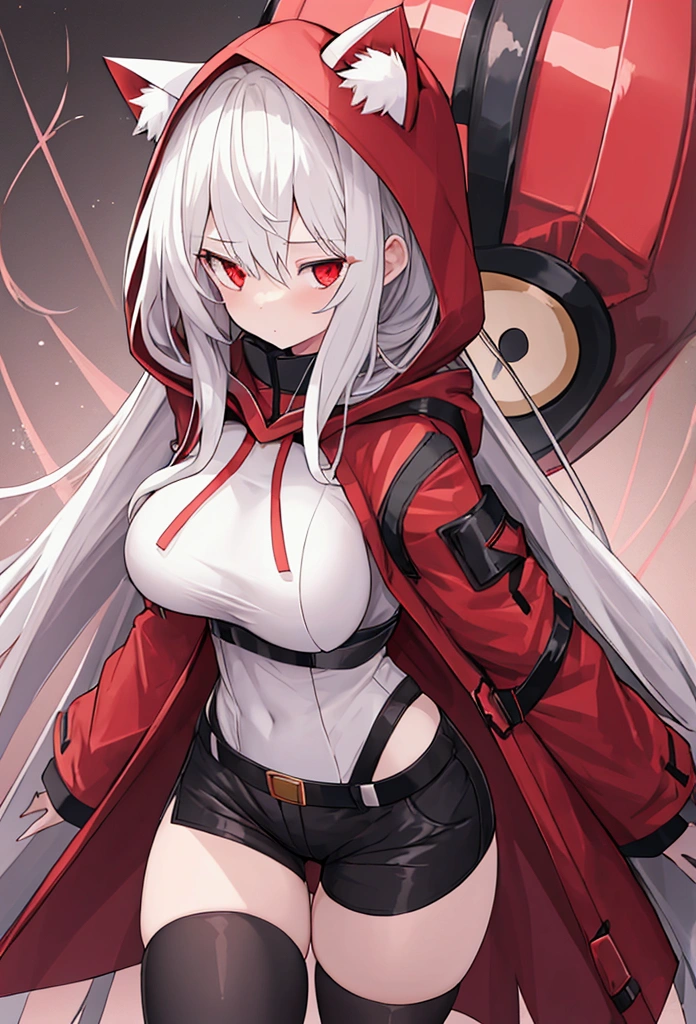 Girl with long white hair,red eyes, wear short shorts and tights, has a coat with a hood made of cat ears, nice body, big boobies