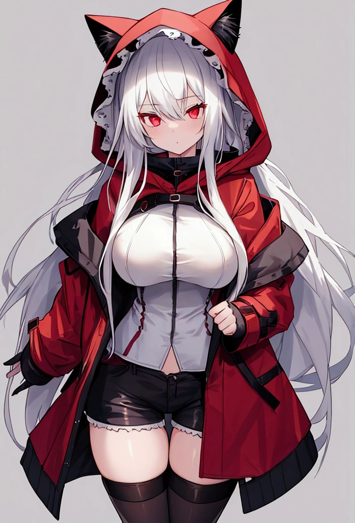Girl with long white hair,red eyes, wear short shorts and tights, has a coat with a hood made of cat ears, nice body, big boobies