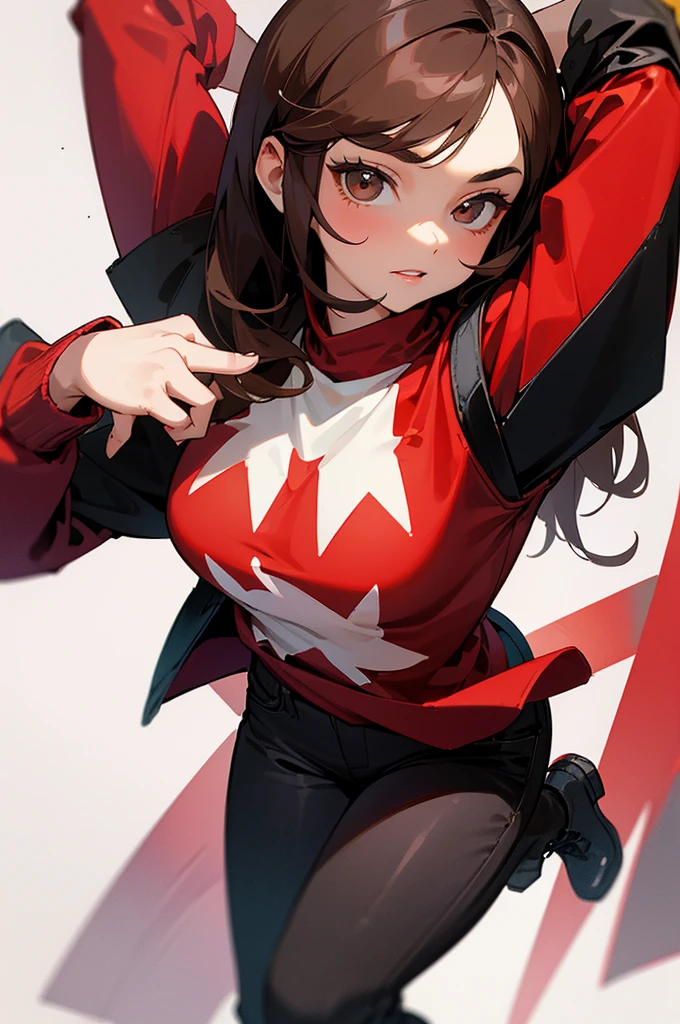 ((best quality)), ((masterpiece)), (detailed), A beautiful young teenage girl, dark brown hair with red strips, dark brown eyes, wears a red shirt and black jacket, black jeans and dark red shoes, wears a black and white comedy mask, beautiful, hot, cool, god, digital 