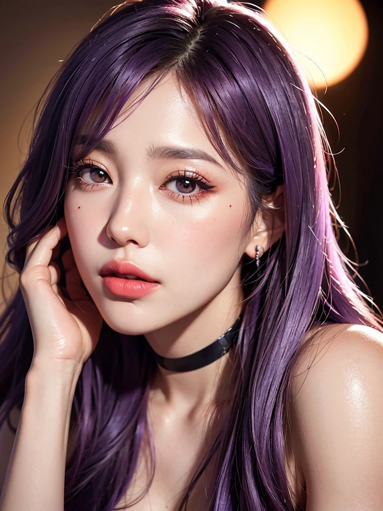 1girl, alone, solitary, high quality, (best quality,4k,8k,highres,masterpiece:1.2),ultra-detailed,(realistic,photorealistic,photo-realistic:1.37),gorgeous hair,violet hair,long straight hair with bangs,sharp eyes,mole under the eye,plump lips,jewelry,(high detailed skin:1.4),(rim lighting:1.3),(lit:1.3),(sunny day:1.3),portrait,beautiful lips,waist-length hair,seductive gaze,moles,casual clothes,colorful clothing,close up,super long hair,choker necklace,tattoos,tattooed,light eyes,bangs,fringe,20 year old,dimples on the cheeks,dimples,purple hair,violethair,bright violet hair,black,red lips,red lipstick,round lips,round pouty lips,pouty lips,douyin makeup, sparkly makeup,glitter,contact lenses
