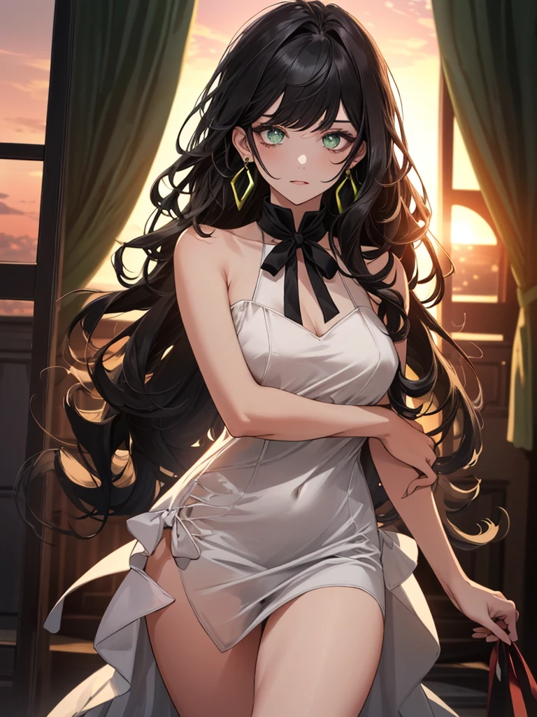 (top quality, masterpiece, high quality, ultra-delicate), ((beautiful girl)), (((adult)), ((Pure Dark black hair)), mature, graceful curves, ((long hair, long bangs)), ((bright green eyes)), ((detailed eyes)), nose, bangs, black collar, ((Revealing white Dress)), V neck, seductive, standing casual ribbon, charm, shoulderless dress, fashion, thick thighs, green earrings, Good Lighting, Sunset.