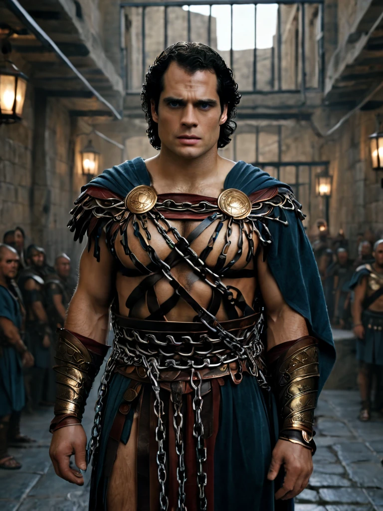 arafed man in a roman costume standing in a prison, in screenshot from the 300 movie, the the man is wrapped in chains, henry cavill as a greek god, 8 k movie still, henry cavill is a greek god, 300 the movie, inspired by Exekias, leading spartans into battle, film still from god of war