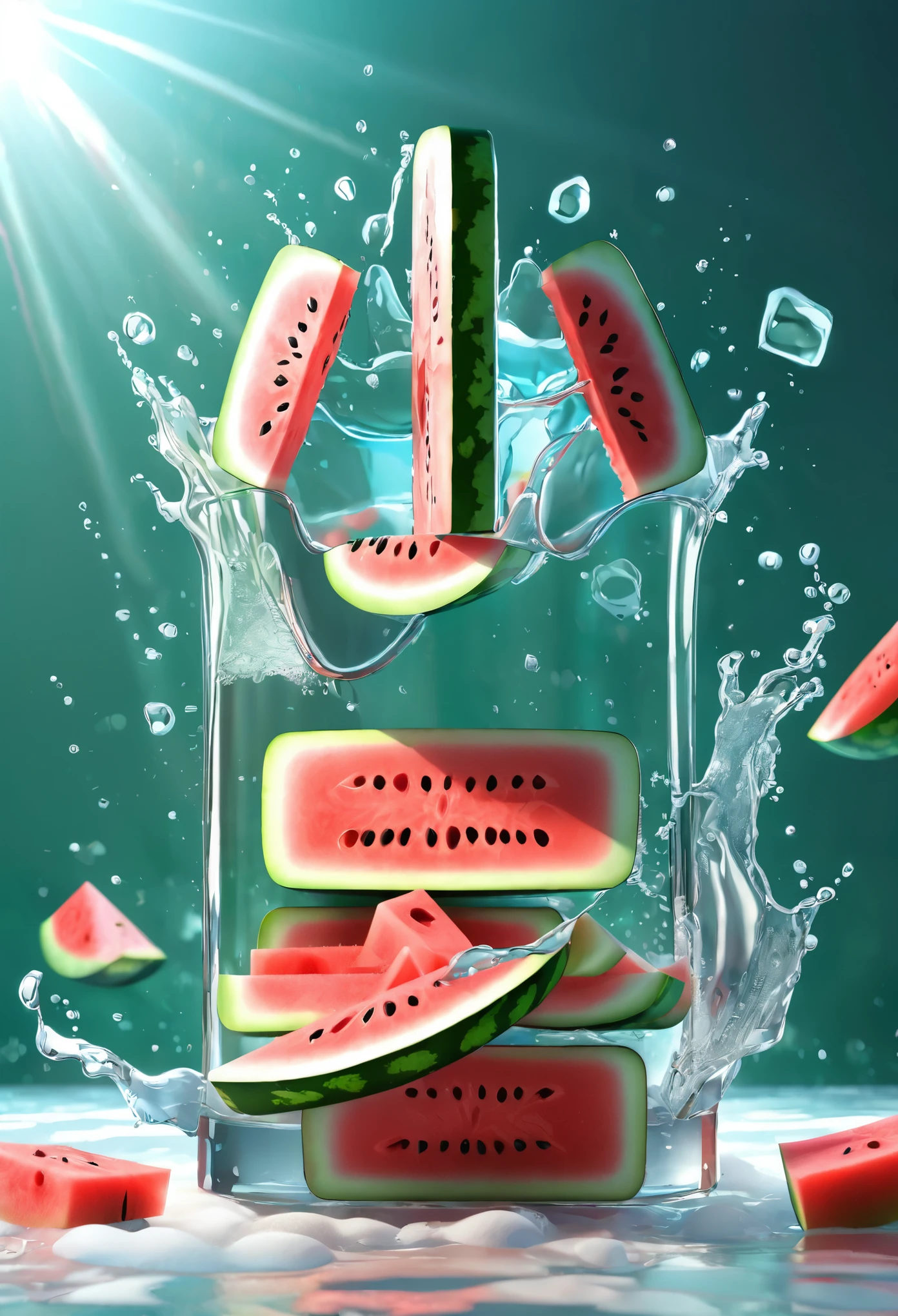 water melon text, cartoony, ice cubes background, Special features, Sunlight shines, Octane rendering and blender, hyper quality, clear features, Ultra HD and 8K resolution,Fresh hand drawn illustration
