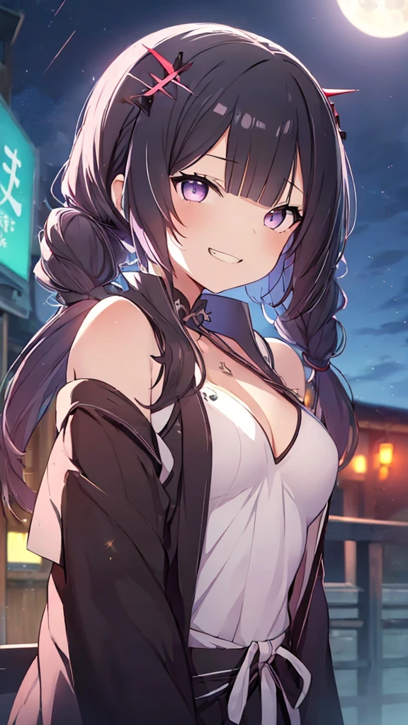 prompt（Re-adjusted version）
beautiful, masterpiece, Highest quality, HiqCG Body, anime, (1 Girl:1.5), (Small breasts:1.2), Portrait Shot, View your viewers, Wet Skin, Intricate details, Little Woman, Her eyes were shining like dreamy stars.,(Shining Eyes:1.3),(Beautifully detailed eyes:1.1)、[[Delicate fingers and hands:0.55]::0.85],(Detailed reference),(Thick black hair, Eyes are bright purple,(Sharp Eye:1.3), (tsurime:1.5), Twin tails,Straight Hair,(Asymmetrical bangs:1.2),(Blunt Bangs:1.3), (hairpin:1.2), Young face,Childlike,Small devil,Succubus,Vampire,Double teeth,Small corner),(kimono),Dynamic Pose,(yandere:1.1),(yandere smile:1.3),(smirk:1.3) ,Cleavage,High angle shot、(night:1.4)、(full moon:1.1),Focus on the chest,(Shake your head:1.2), Thick black hair, kimono, firework