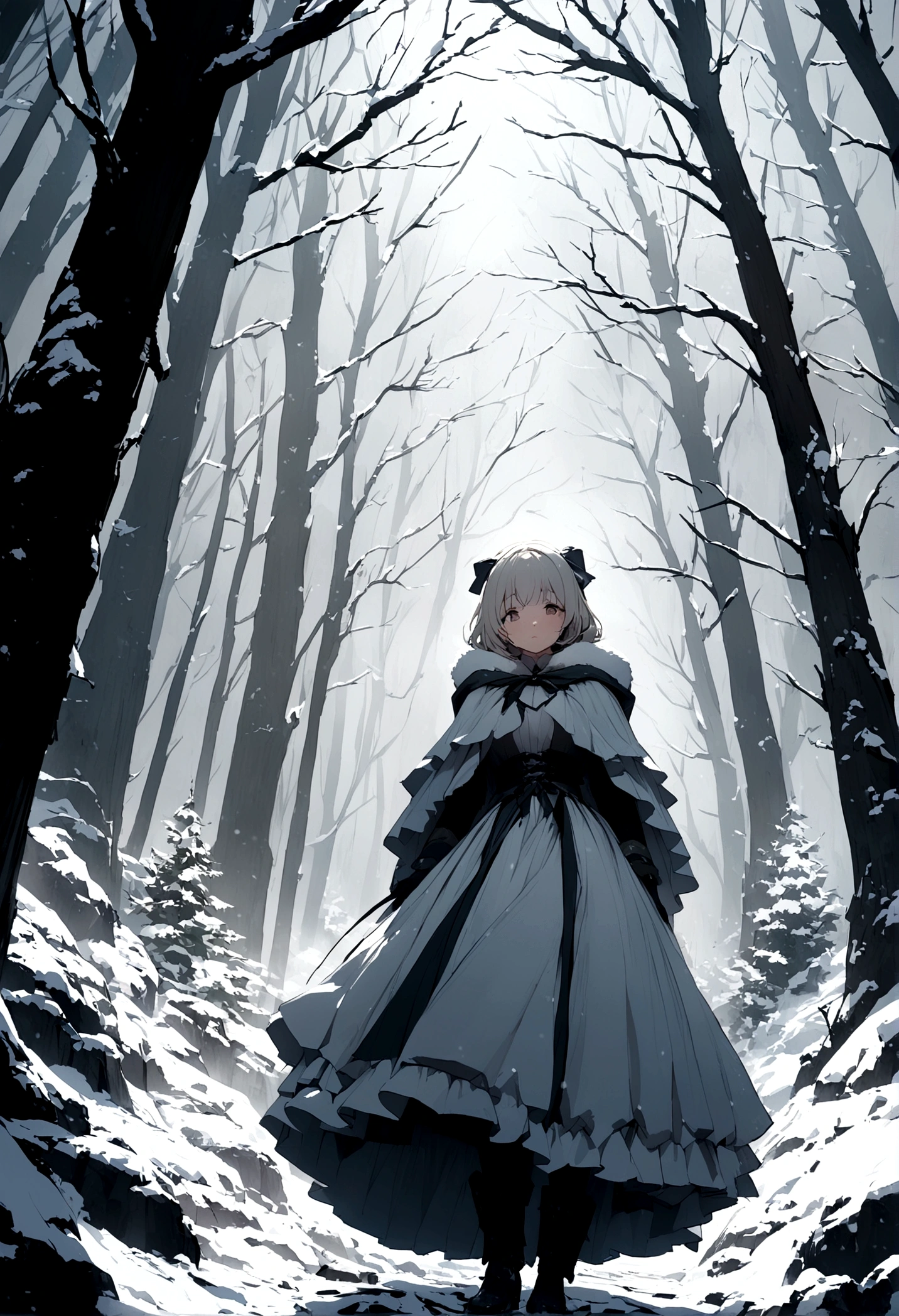 A helpless woman,Lost in a large snowy forest,looking down shot,Real view