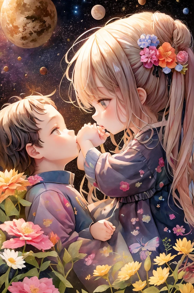 （Highest quality）（Masterpiece）A little boy and girl are kissing、Many colorful flowers bloom in outer space、The cats are watching、