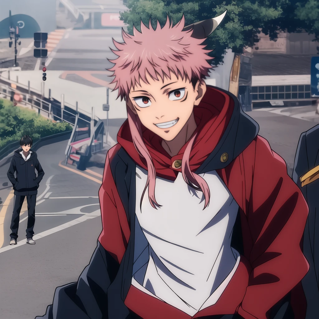 yuji1 a feman, hoodie, looking at the viewer, upper body photo, at the streets, 1girl, power_(chainsaw_man), solo, long_hair, pink_hair, looking_at_viewer, hood, school_uniform, red_hoodie, hair_between_eyes, smile, horns, symbol-shaped_pupils, cross-shaped_pupils, hoodie, outdoors, jacket, breasts, open_mouth, upper_body, cosplay, hood_down, tree, teeth, bangs, red_eyes, black_jacket, long_sleeves