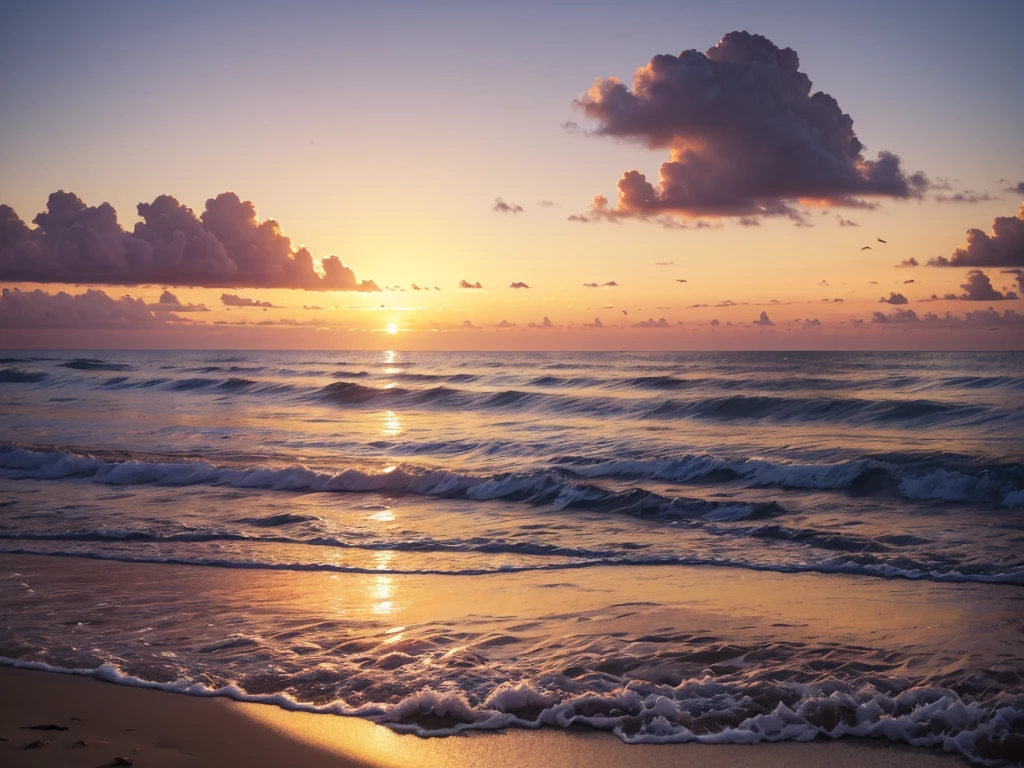 A warm sunset casts a golden glow on the serene coastal scene: vibrant oranges, pinks, and yellows dance across the sky as the day yields to night. The calm sea laps softly at the shore, where fine white sand stretches far, punctuated by palm trees swaying gently in the breeze. Seagulls ride the ocean currents, their silhouettes stark against the colorful backdrop.