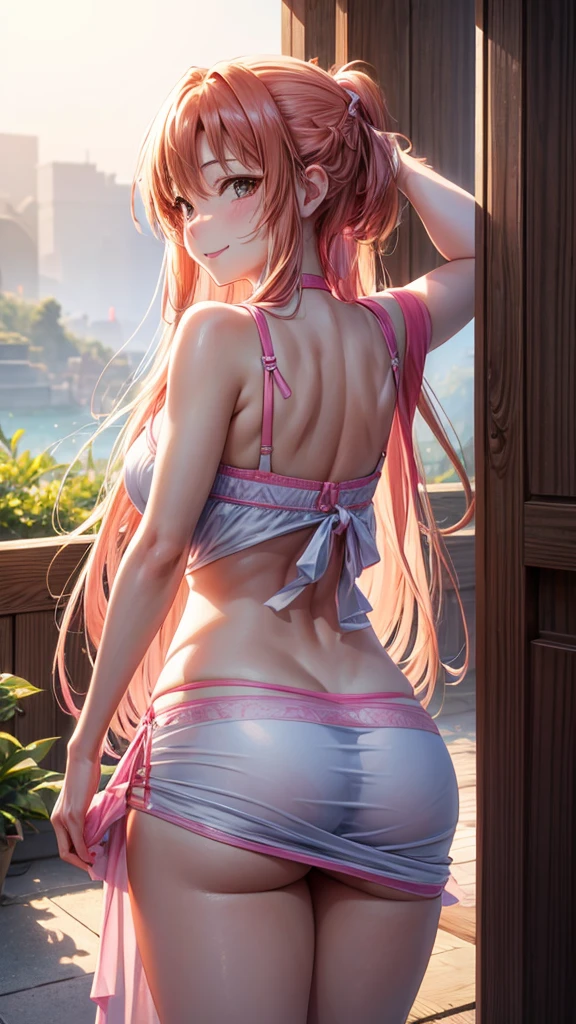 high resolution, ultra-sharp, 8k, Masterpiece, Asuna Yuki , looking at the viewer, Photography from behind, thick ass, wearing pink thong, seductive smile, beautiful face, ashamed, ashamed, sticking out ass, marked vagina